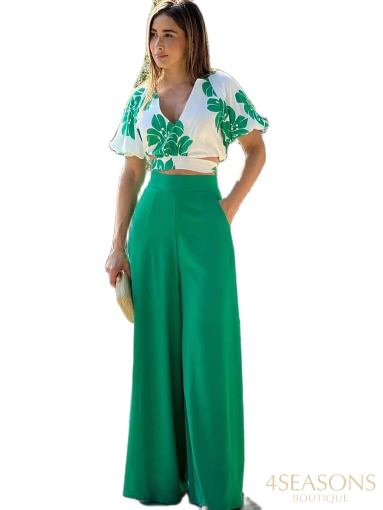 Summer Women 2 Piece Set Sexy One-Shoulder Puff-Sleeve Top Printed Pant Two-Piece Sets High