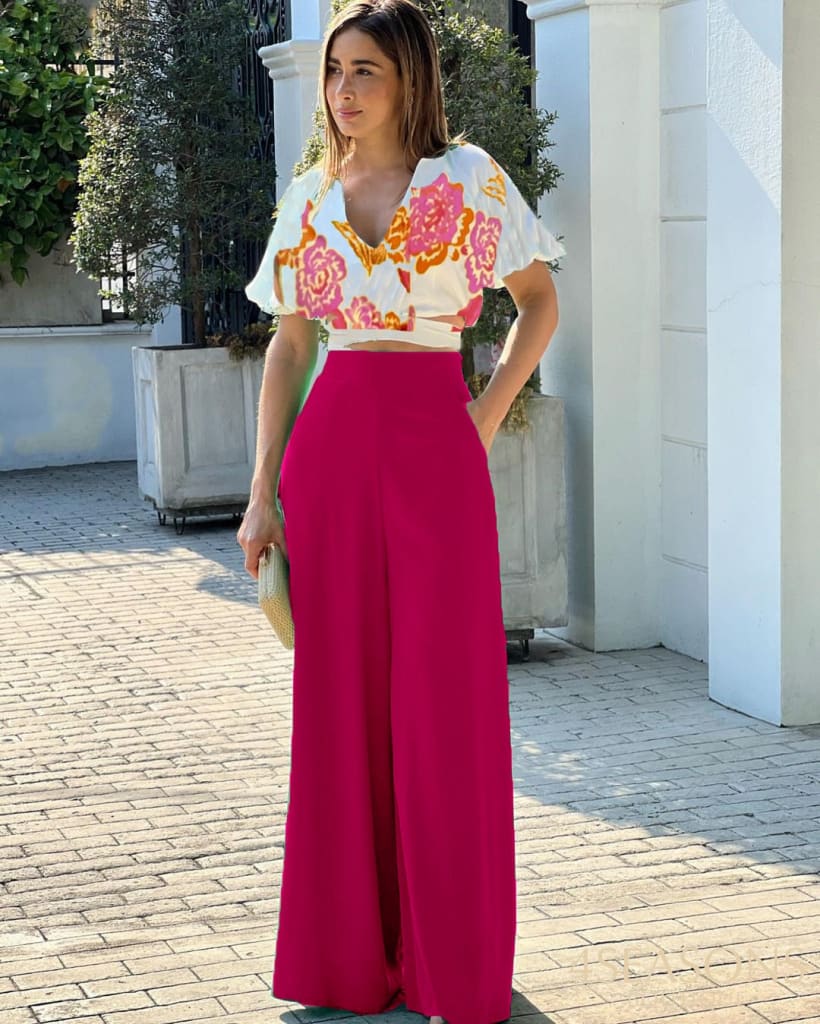 Summer Women 2 Piece Set Sexy One-Shoulder Puff-Sleeve Top Printed Pant Two-Piece Sets High