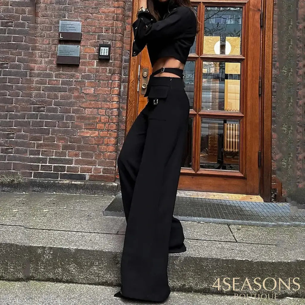 Wefads 2 Piece Set Women Fashion Solid Long Sleeve High Neck Waist With Buttons Top Crossover