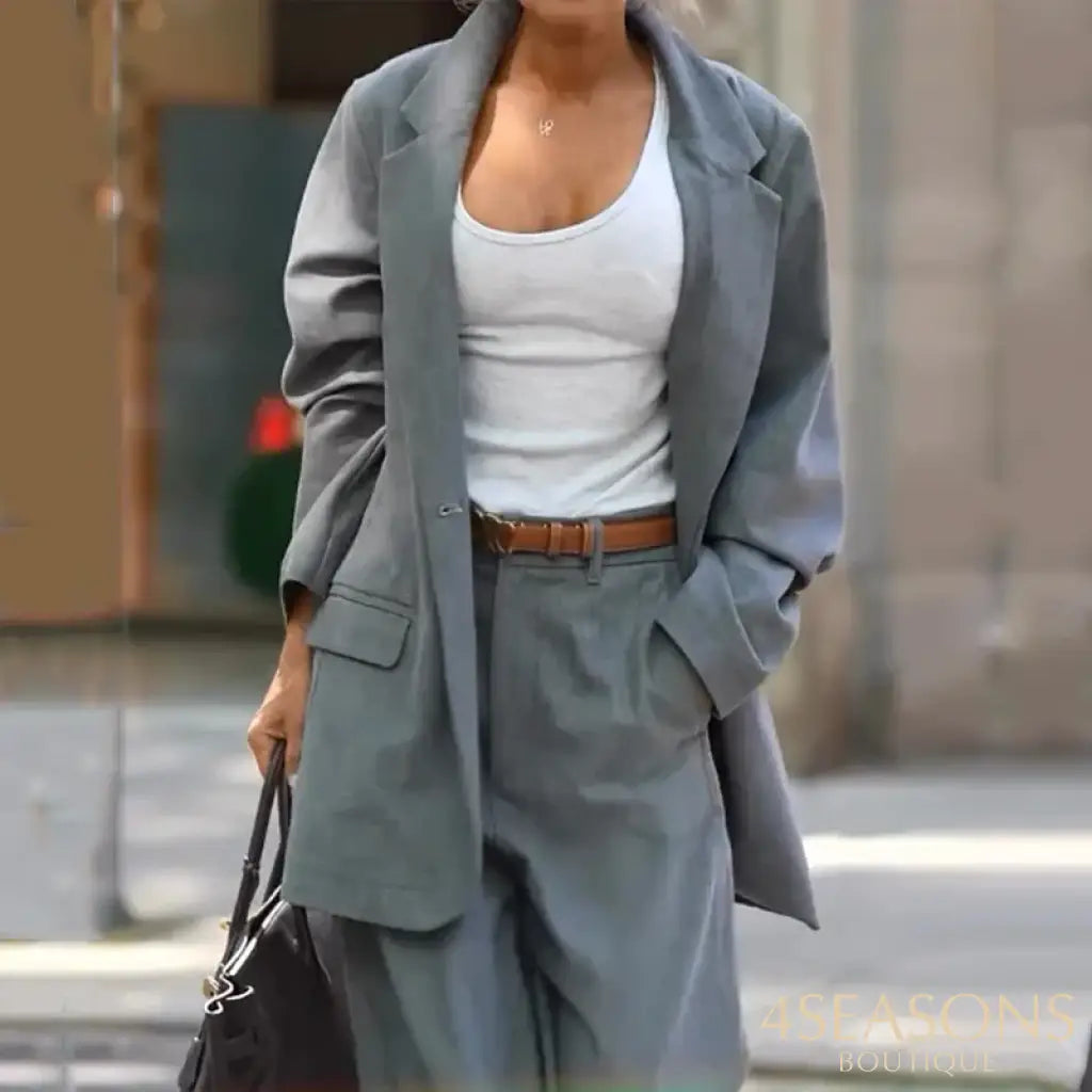 Wefads Women Two Piece Set Autumn Office Casual Long Sleeve Lapel Solid Single Button Elastic Waist