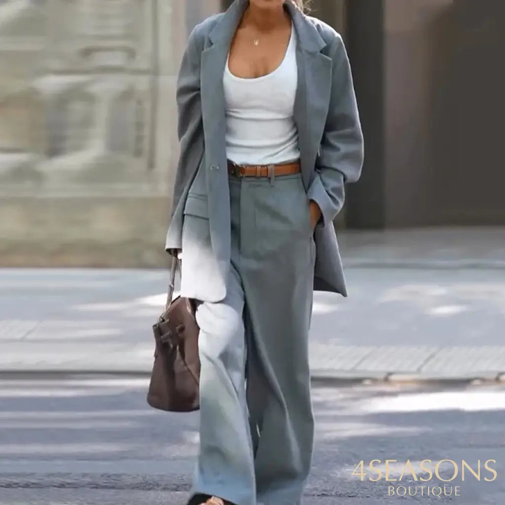 Wefads Women Two Piece Set Autumn Office Casual Long Sleeve Lapel Solid Single Button Elastic Waist