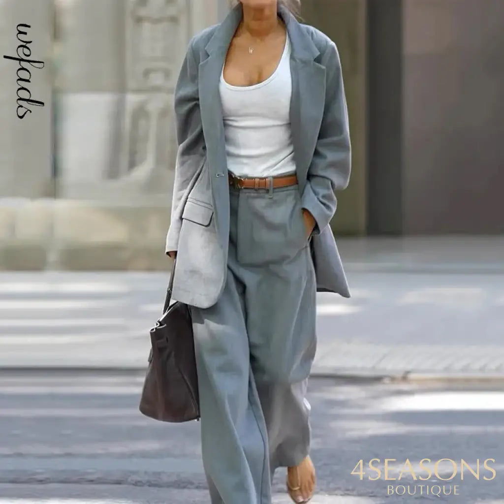 Wefads Women Two Piece Set Autumn Office Casual Long Sleeve Lapel Solid Single Button Elastic Waist