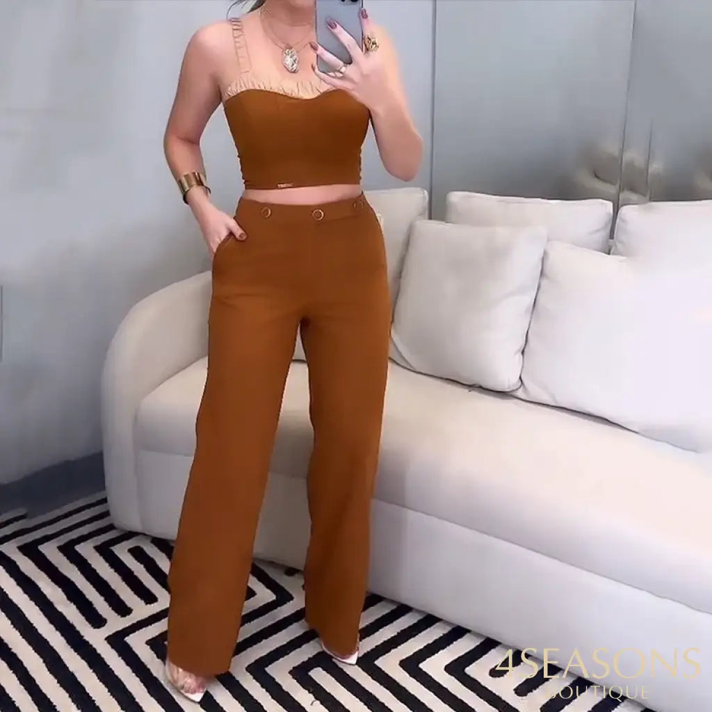 Wefads Women Two Piece Set Summer Fashion Simple V Neck Sleeveless Solid Backless High Waist Top