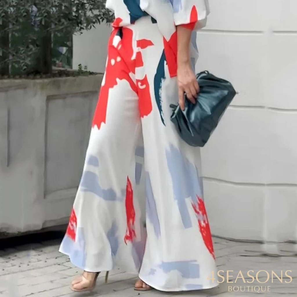 Waytobele Women Two Piece Set Casual Abstract Print V Neck Laple Lantern Sleeve Long Top Loose Wide