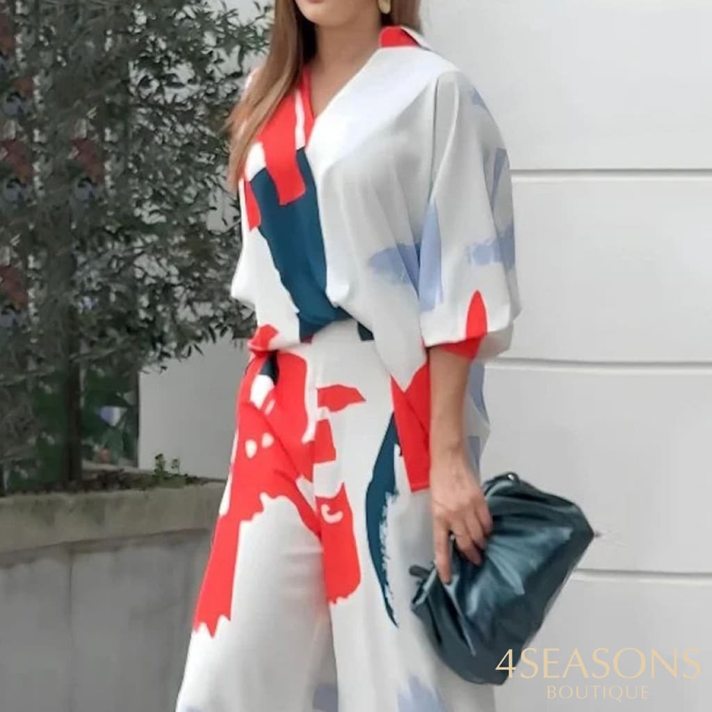 Waytobele Women Two Piece Set Casual Abstract Print V Neck Laple Lantern Sleeve Long Top Loose Wide