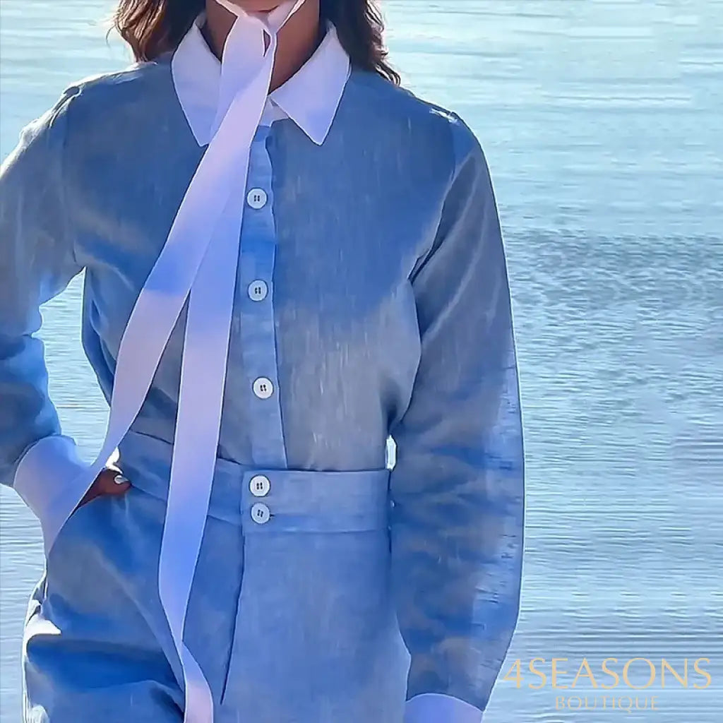 Liyong Two Piece Set Women Office Patchwork Long Sleeve Laple Single Breasted Button Shirt Top