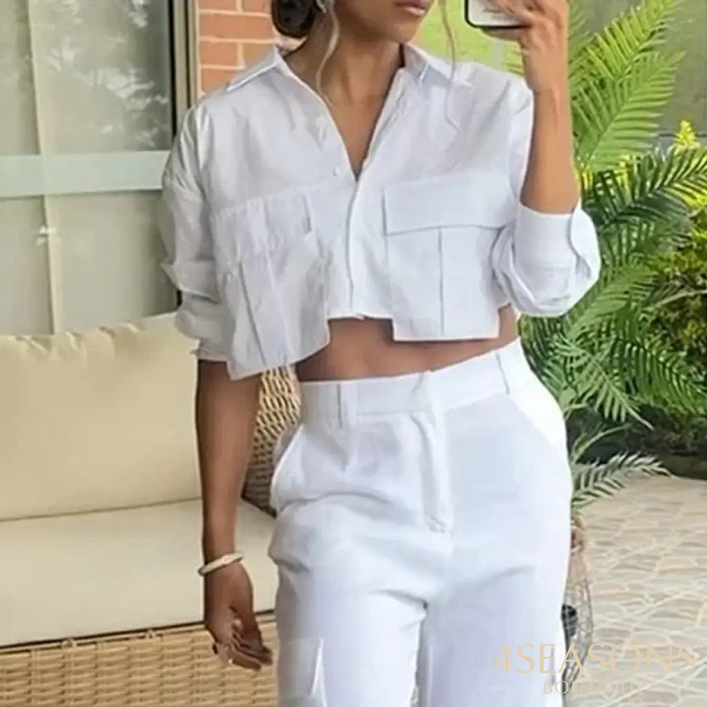 Waytobele Women Two Piece Set Summer Office Casual Solid Lapel Long Sleeve Button Pocket Top Loose