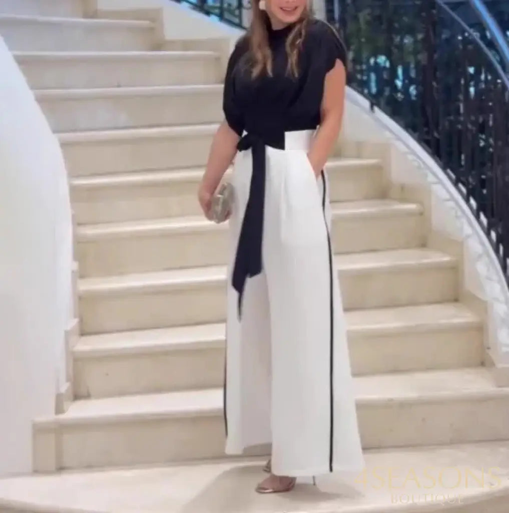 Elegant Two Piece Set For Woman Casual O-Neck Short Sleeved Loose Shirt High Waisted Lace Up