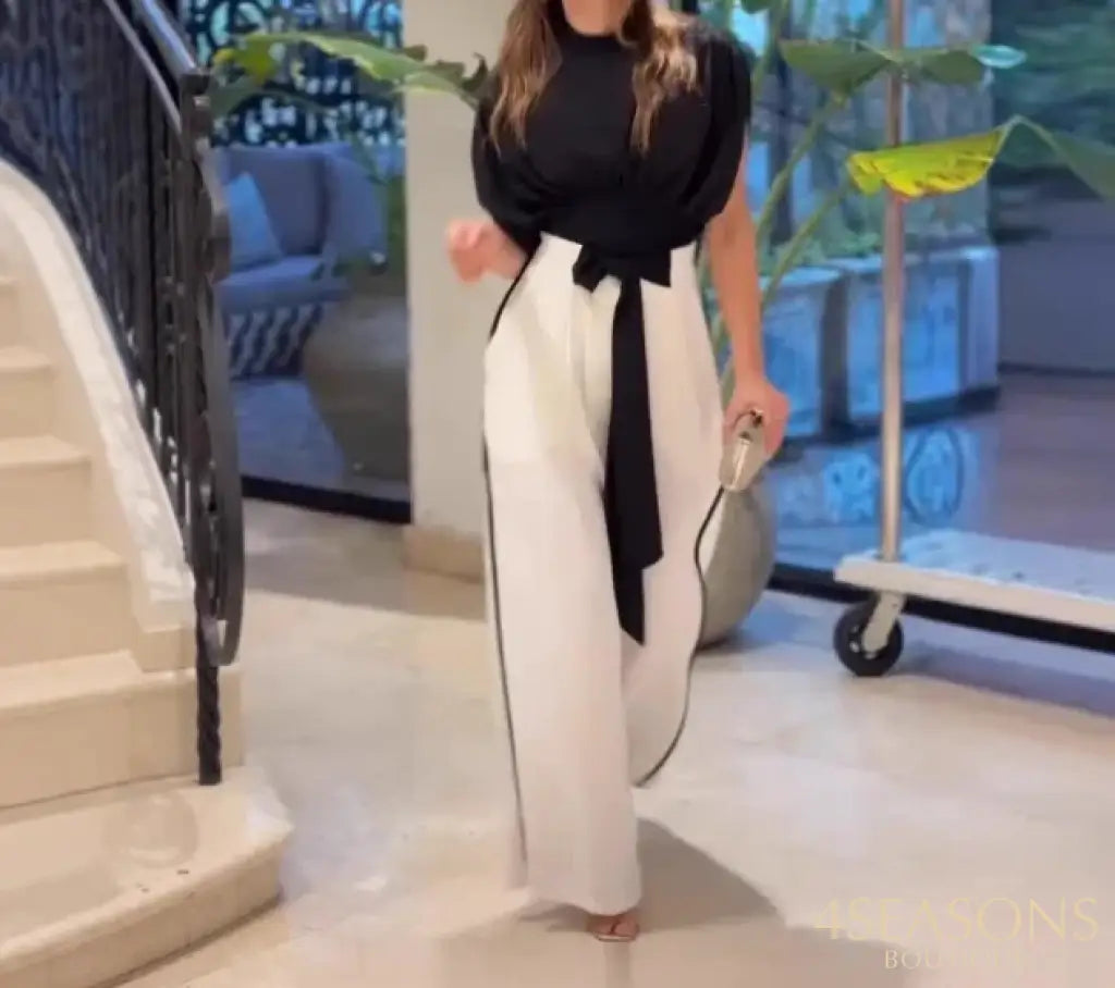 Elegant Two Piece Set For Woman Casual O-Neck Short Sleeved Loose Shirt High Waisted Lace Up