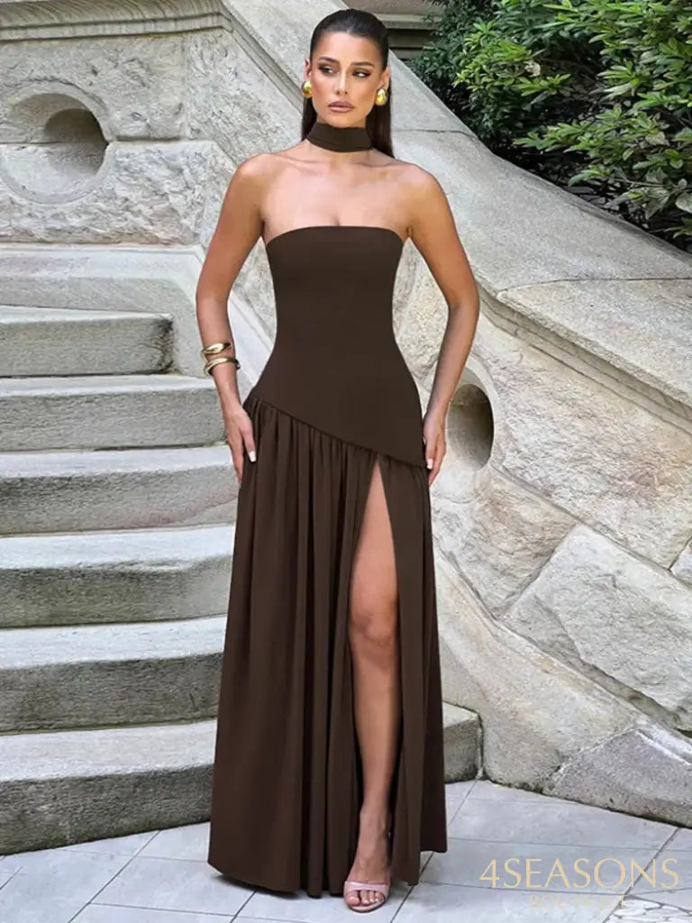 Mozision Elegant Off-shoulder Sexy Maxi Dress Women Gown Scarf Collar Strapless Sleeveless Backless High Split Long