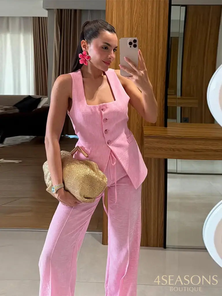 Elegant Square Neck Vest Pants Set Women Sleeveless Button Strap Top Drawstring Loose Trousers 2025 Summer Fashion