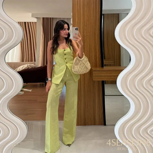 Elegant Square Neck Vest Pants Set Women Sleeveless Button Strap Top Drawstring Loose Trousers 2025 Summer Fashion