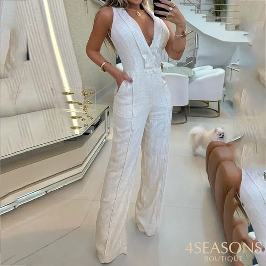 Wefads Women Wide Leg V-Neck Sleeveless Jumpsuits Straight Jumpsuit Commute Holdiay Lady Romper