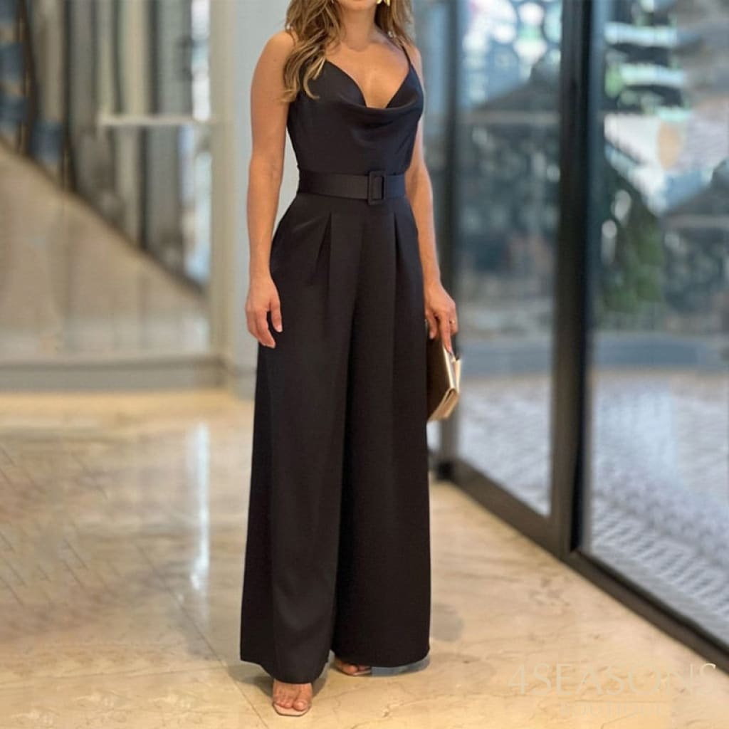 Liyong Women Sexy Suspender Jumpsuit Nipped Waist Lace Up Casual Loose With Pockets Wide Legs