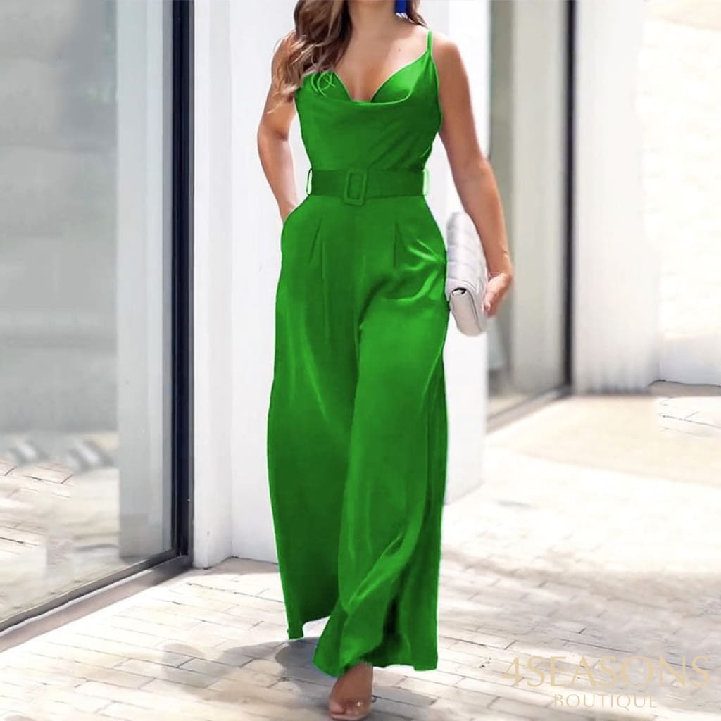 Liyong Women Sexy Suspender Jumpsuit Nipped Waist Lace Up Casual Loose With Pockets Wide Legs