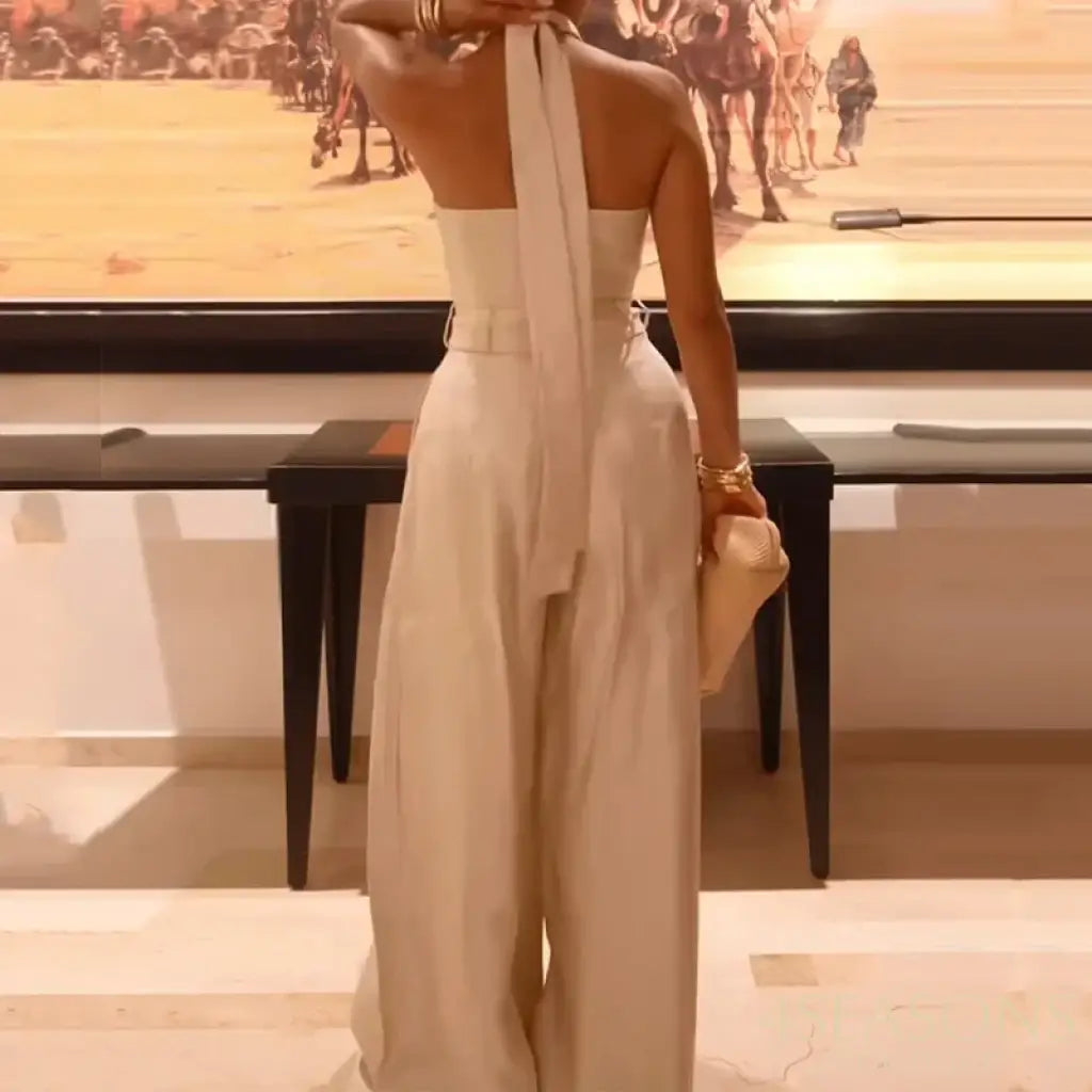 Wefads Women Jumpsuit Summer Fashion Solid Sleeveless Halter Neck Lace Up Backless Nipped Waist