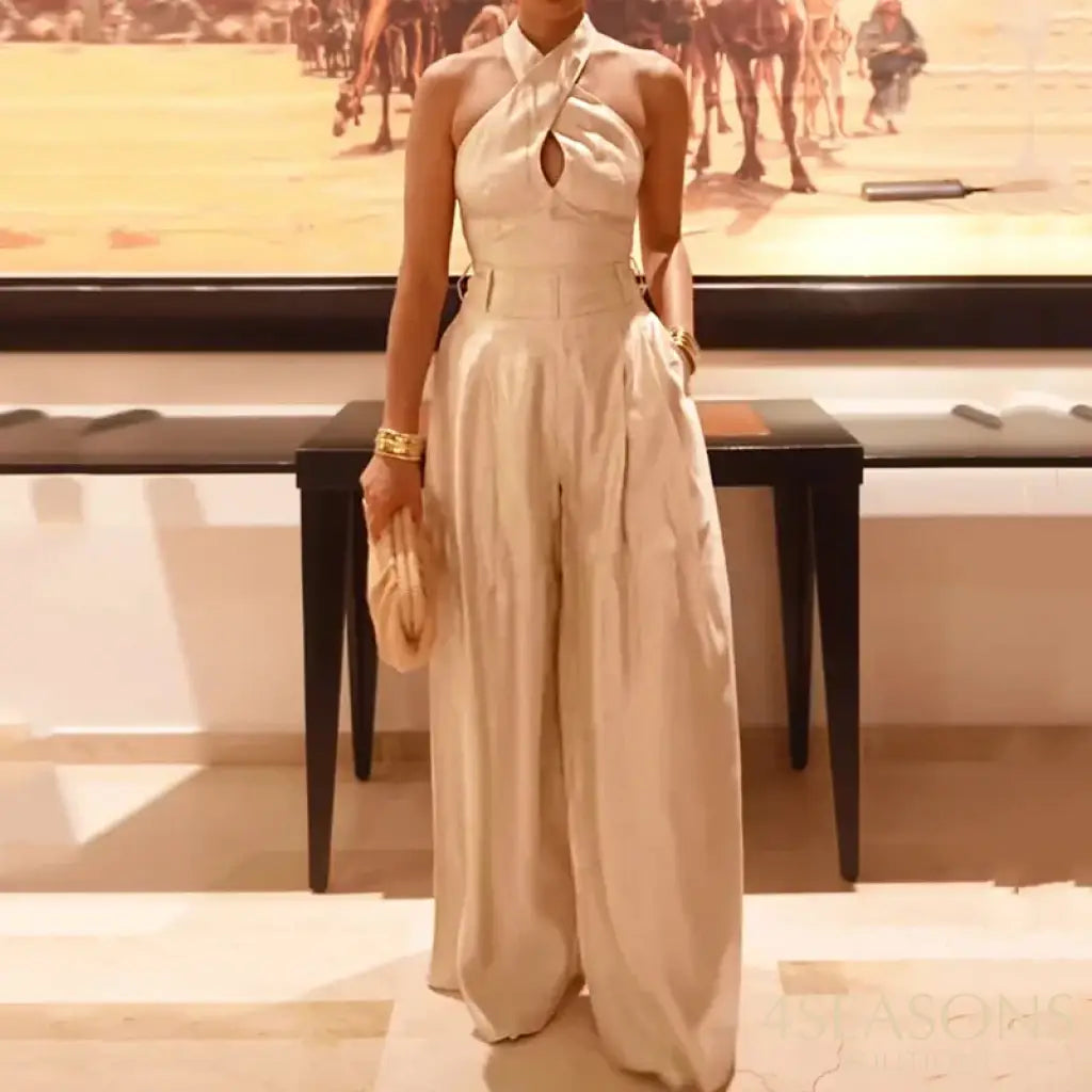 Wefads Women Jumpsuit Summer Fashion Solid Sleeveless Halter Neck Lace Up Backless Nipped Waist