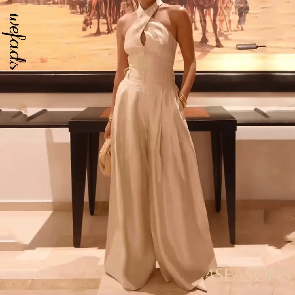 Wefads Women Jumpsuit Summer Fashion Solid Sleeveless Halter Neck Lace Up Backless Nipped Waist