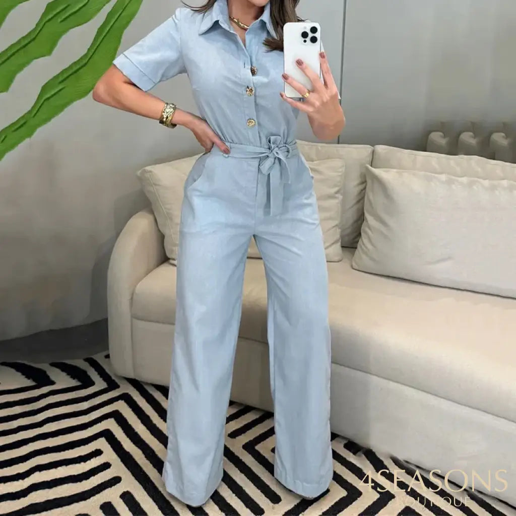 Wefads Jumpsuit Summer Women Casual Solid Short Sleeve Lapel Single Breasted Button Lace Up Nipped