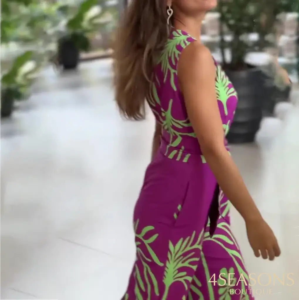 Women‘s Jumpsuits 2024 Summer New Fashion Print V-Neck Sleeveless Slim Belt Temperament Commuting