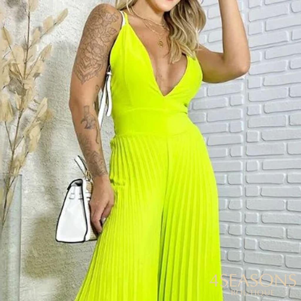 Liyong Women Jumpsuit V Neck Suspenders Sleeveless Backless Nipped Waist Loose Wide Legs Casual