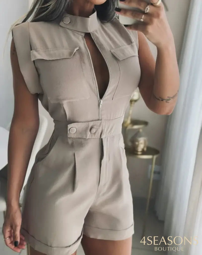 Sexy Elegant Round Neck Sleeveless Ruched Romper Zipper Pocket Design Jumpsuit New Fashion 2025