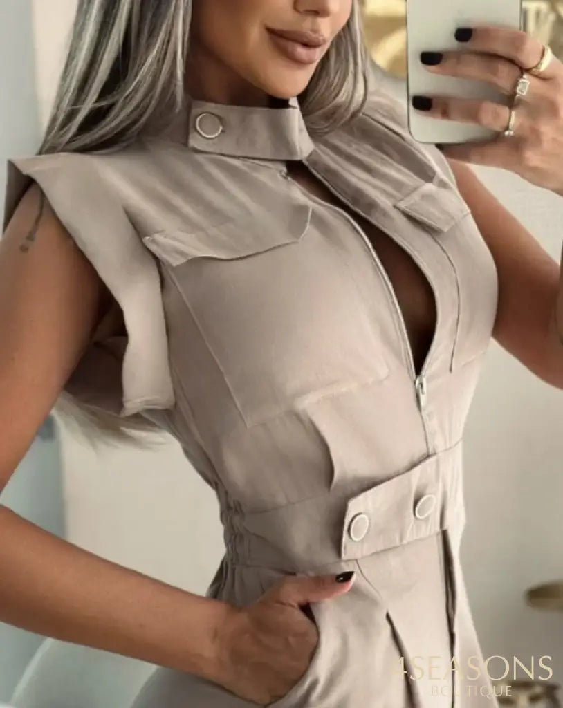 Sexy Elegant Round Neck Sleeveless Ruched Romper Zipper Pocket Design Jumpsuit New Fashion 2025