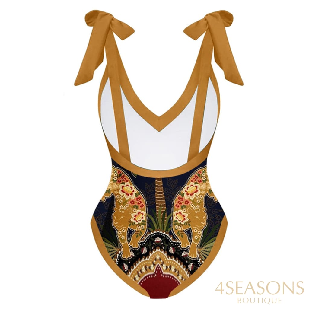 V-Neck Vintage Animal Print One-Piece Swimsuit Set High Waist Slim Open Back Beachwear Women Bow Tie