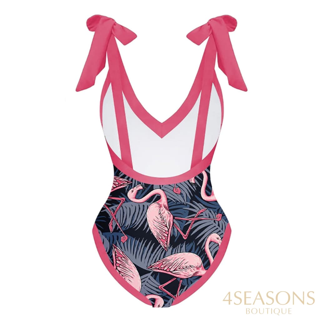 Pink Flamingo Print Bikini Set V-Neck High Waist Slim Swimsuit Womens Bow Tie Strap Style Beachwear