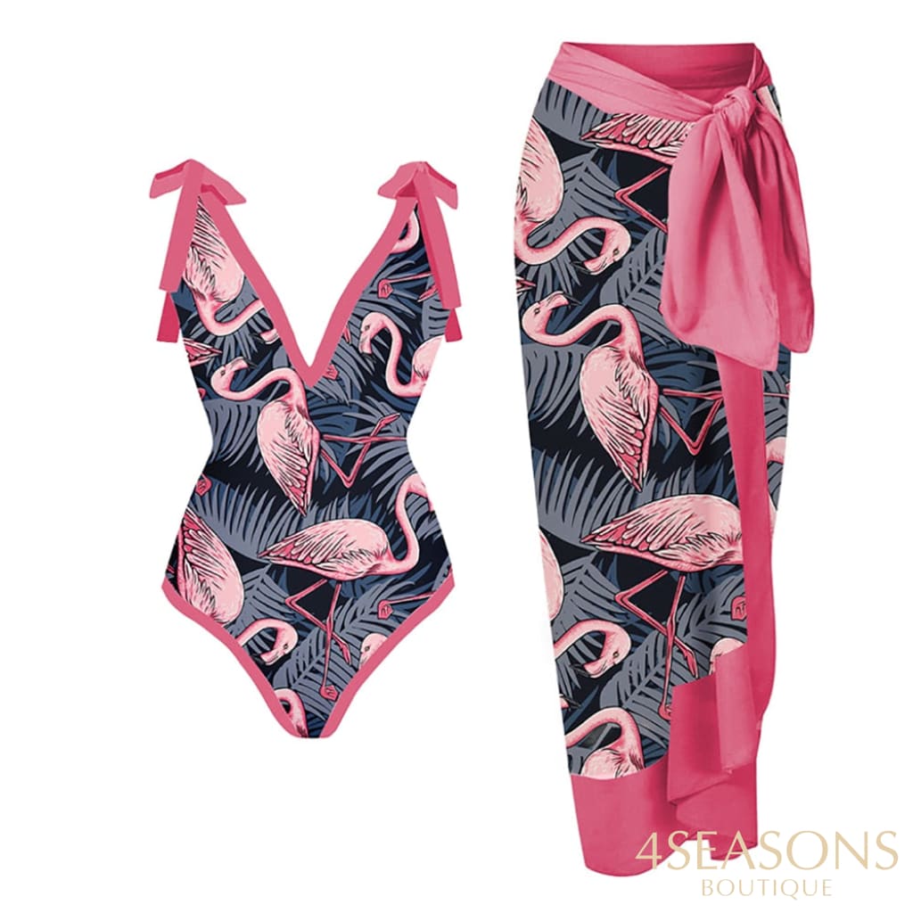 Pink Flamingo Print Bikini Set V-Neck High Waist Slim Swimsuit Womens Bow Tie Strap Style Beachwear