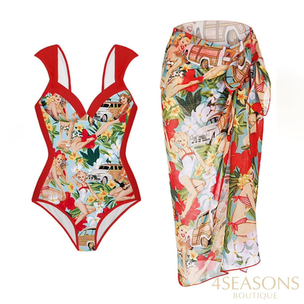 Fashion Colorblock Print Swimsuit Set French Crew Neck Slim Bikini High Waist Sexy Backless Swimwear