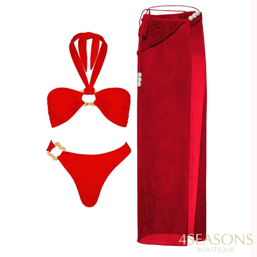 Pearls Bikini Set with Cover Up Red / S