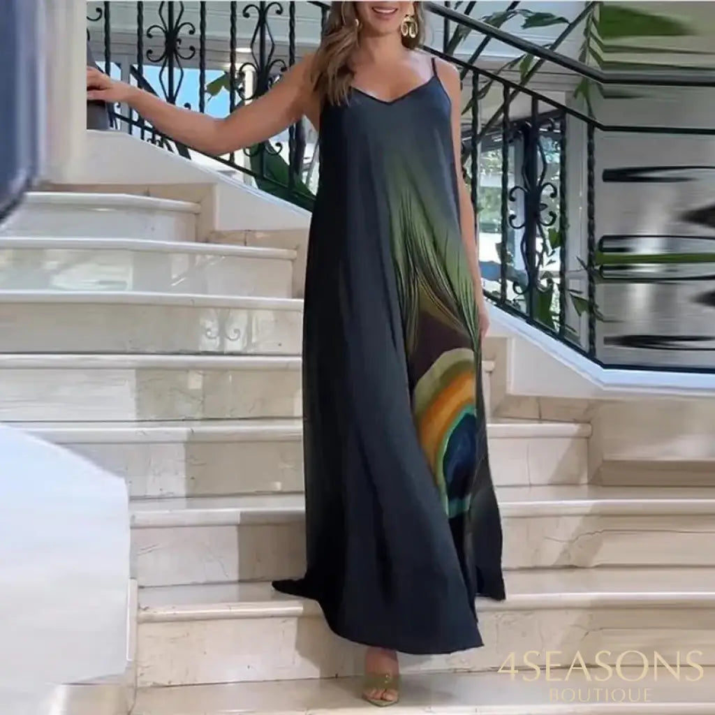 Sexy Suspender Sleeveless Printed Long Dress Lady Elegant Loose Commuting Vestidos Dress Summer New Vintage Pleated