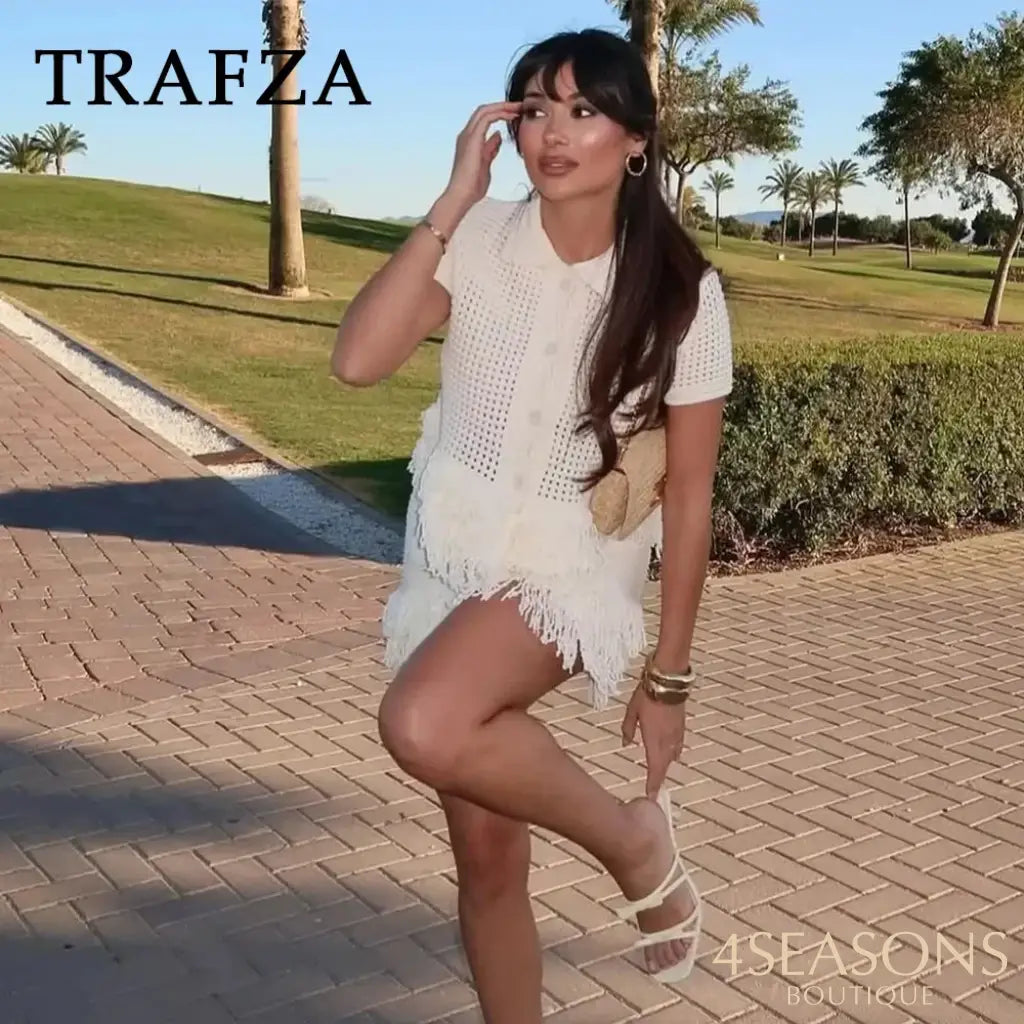 TRAFZA 2025 Spring Summer Sexy Knitted Tassel Solid Women Suit Fashion Turndown Collar Hollow Out Shirt Elastic Wasit