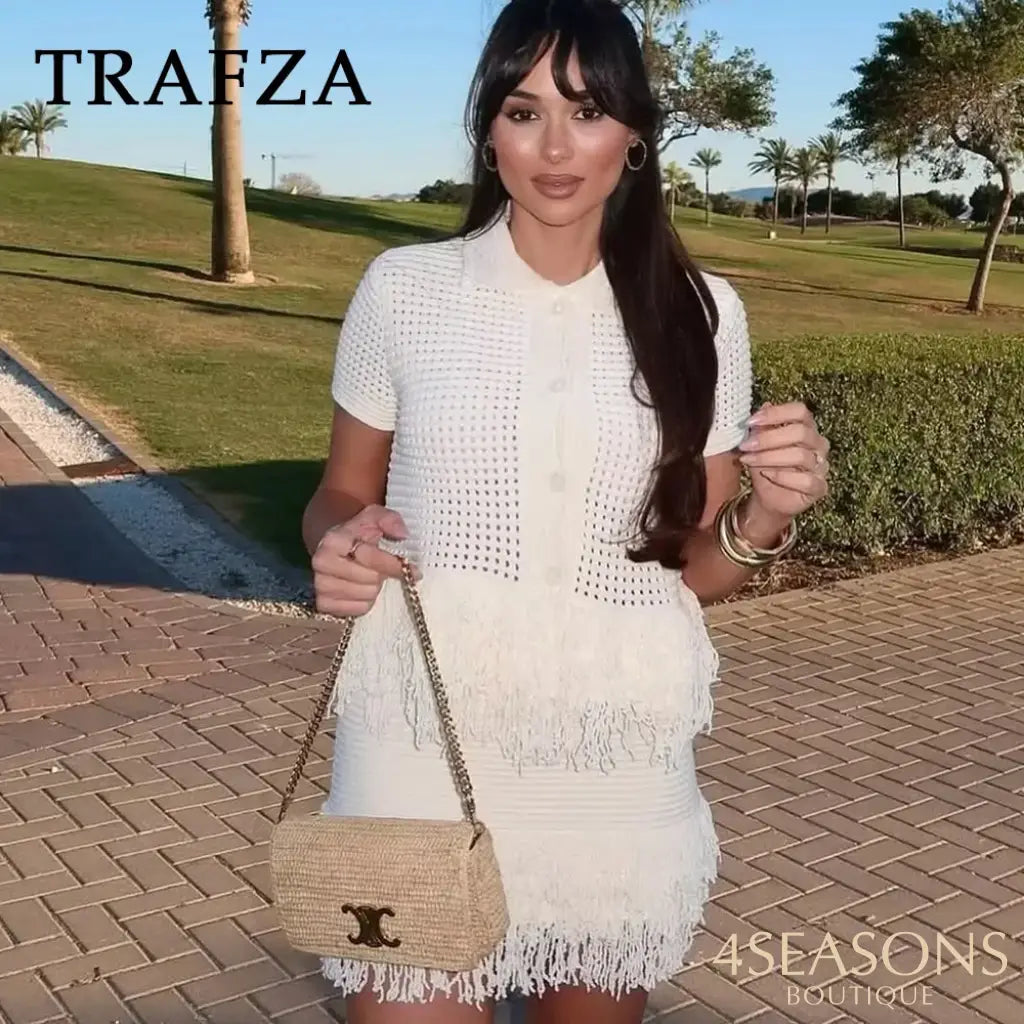 TRAFZA 2025 Spring Summer Sexy Knitted Tassel Solid Women Suit Fashion Turndown Collar Hollow Out Shirt Elastic Wasit
