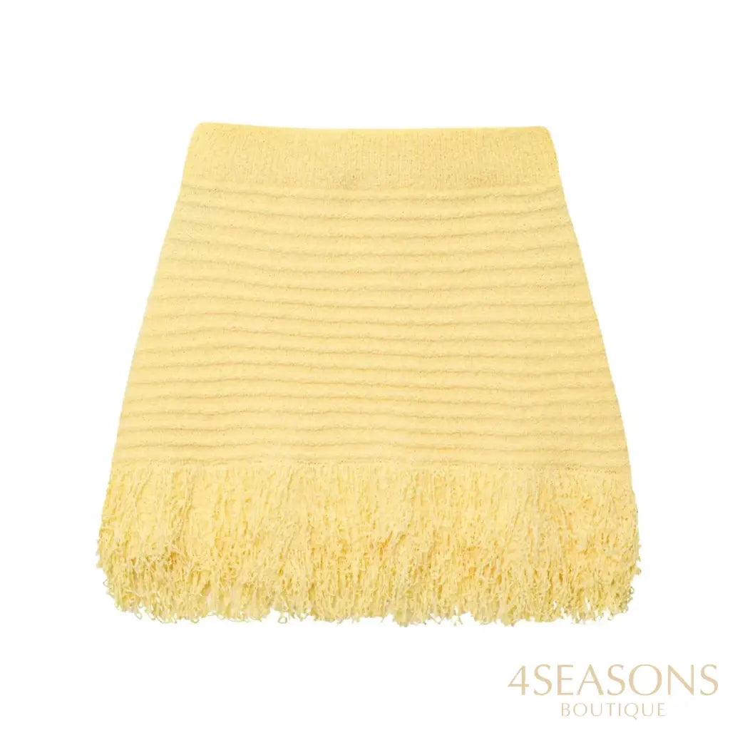 TRAFZA 2025 Spring Summer Sexy Knitted Tassel Solid Women Suit Fashion Turndown Collar Hollow Out Shirt Elastic Wasit