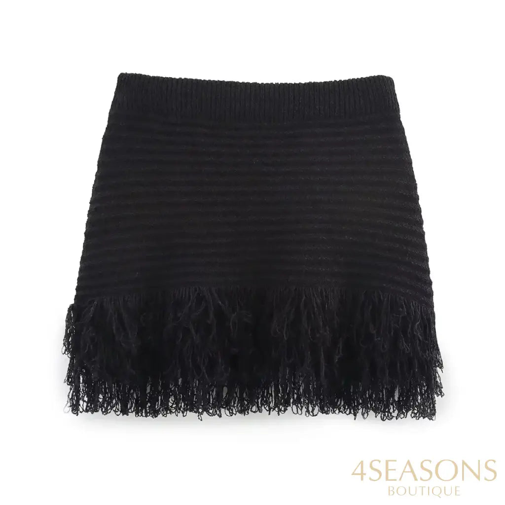 TRAFZA 2025 Spring Summer Sexy Knitted Tassel Solid Women Suit Fashion Turndown Collar Hollow Out Shirt Elastic Wasit