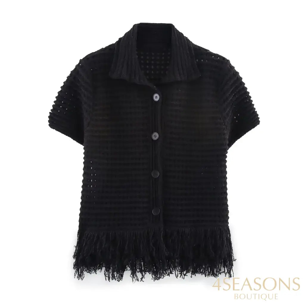 TRAFZA 2025 Spring Summer Sexy Knitted Tassel Solid Women Suit Fashion Turndown Collar Hollow Out Shirt Elastic Wasit