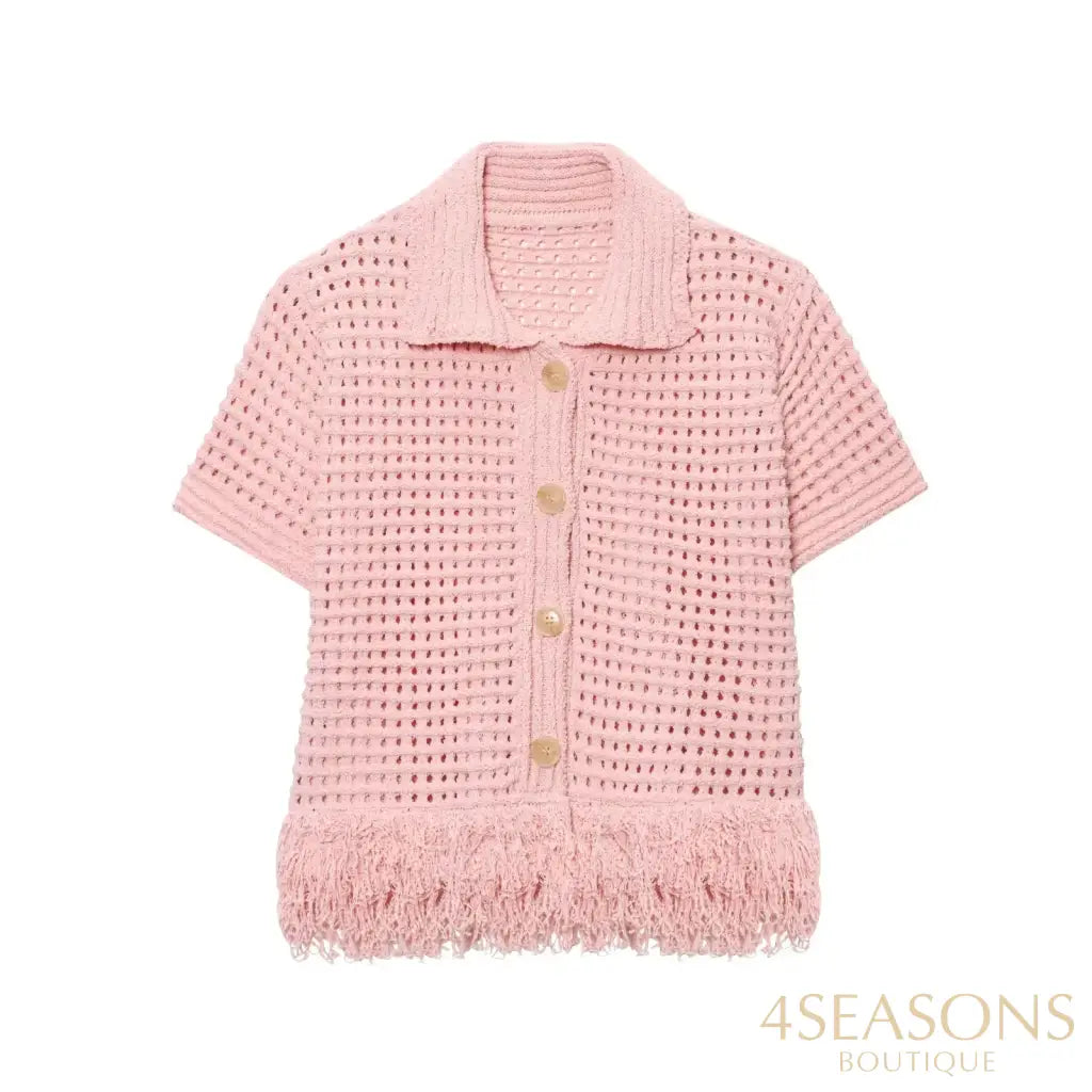 TRAFZA 2025 Spring Summer Sexy Knitted Tassel Solid Women Suit Fashion Turndown Collar Hollow Out Shirt Elastic Wasit