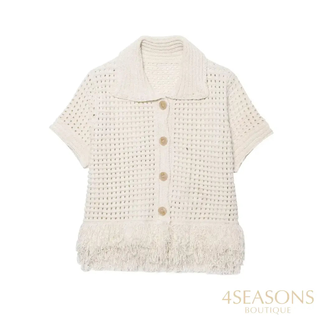 TRAFZA 2025 Spring Summer Sexy Knitted Tassel Solid Women Suit Fashion Turndown Collar Hollow Out Shirt Elastic Wasit