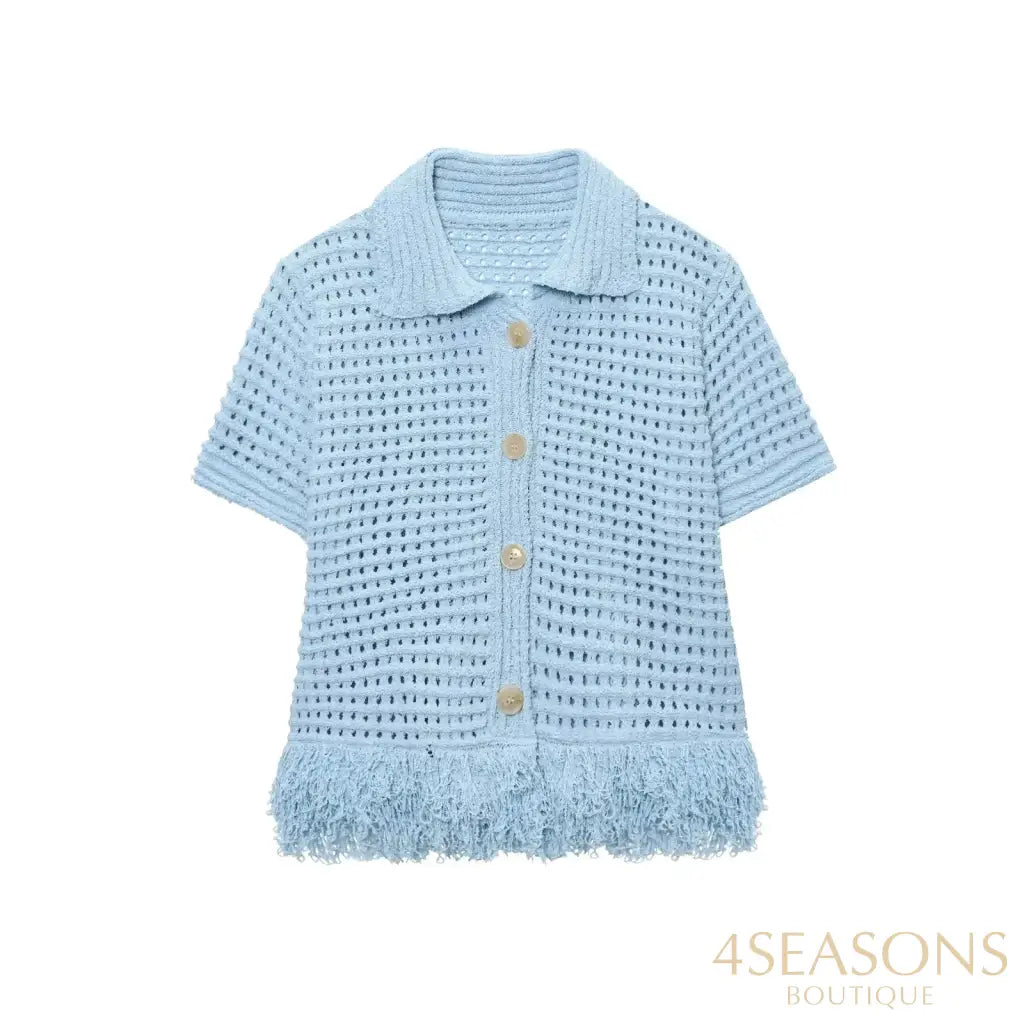 TRAFZA 2025 Spring Summer Sexy Knitted Tassel Solid Women Suit Fashion Turndown Collar Hollow Out Shirt Elastic Wasit