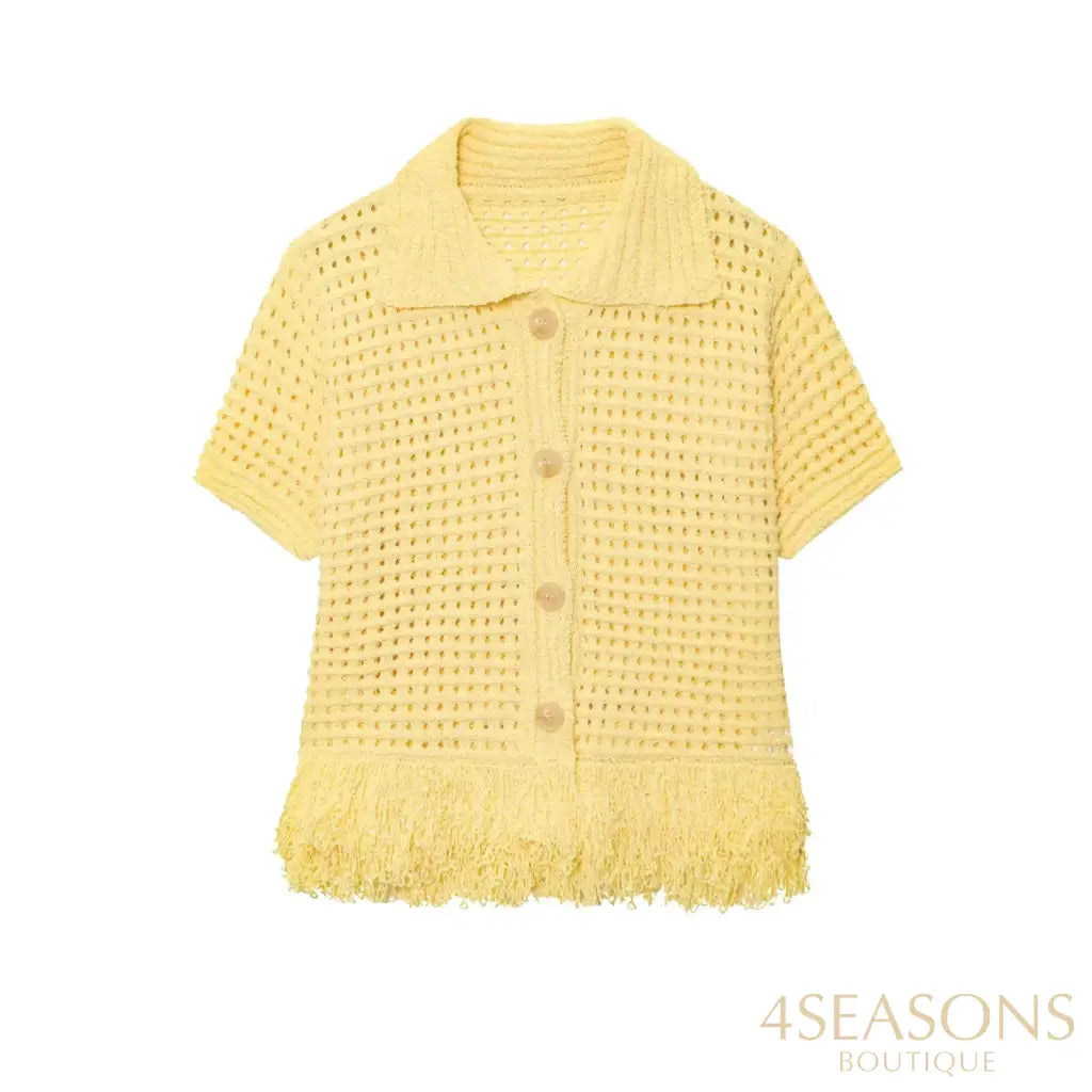 TRAFZA 2025 Spring Summer Sexy Knitted Tassel Solid Women Suit Fashion Turndown Collar Hollow Out Shirt Elastic Wasit