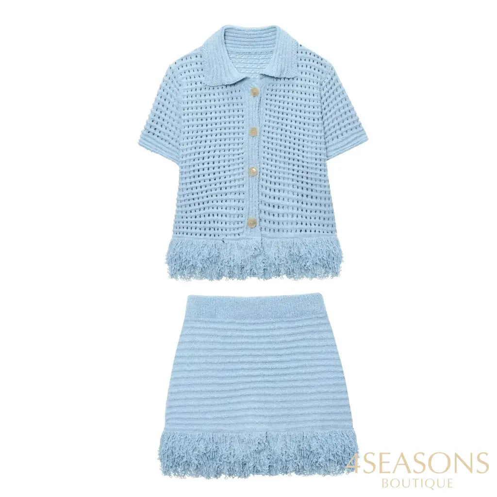 TRAFZA 2025 Spring Summer Sexy Knitted Tassel Solid Women Suit Fashion Turndown Collar Hollow Out Shirt Elastic Wasit