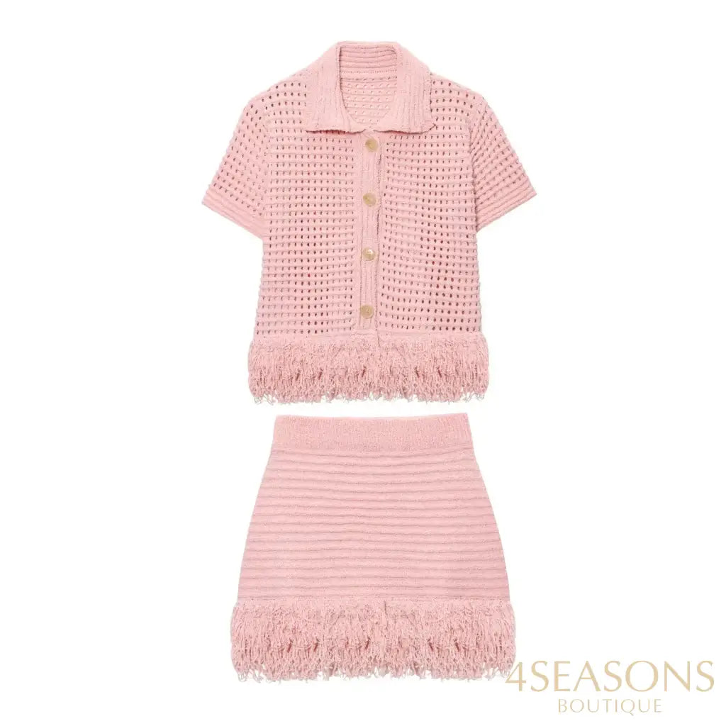 TRAFZA 2025 Spring Summer Sexy Knitted Tassel Solid Women Suit Fashion Turndown Collar Hollow Out Shirt Elastic Wasit