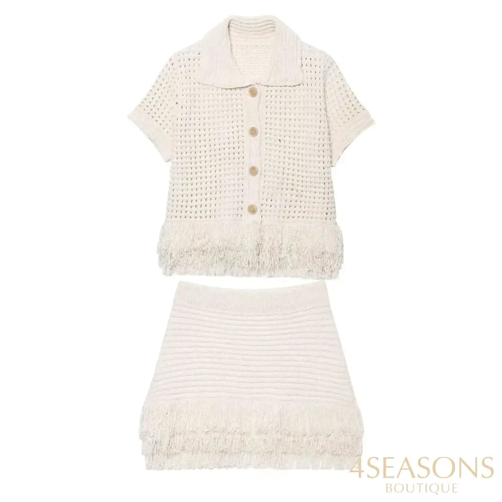 TRAFZA 2025 Spring Summer Sexy Knitted Tassel Solid Women Suit Fashion Turndown Collar Hollow Out Shirt Elastic Wasit