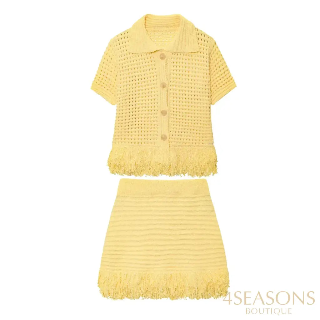 TRAFZA 2025 Spring Summer Sexy Knitted Tassel Solid Women Suit Fashion Turndown Collar Hollow Out Shirt Elastic Wasit