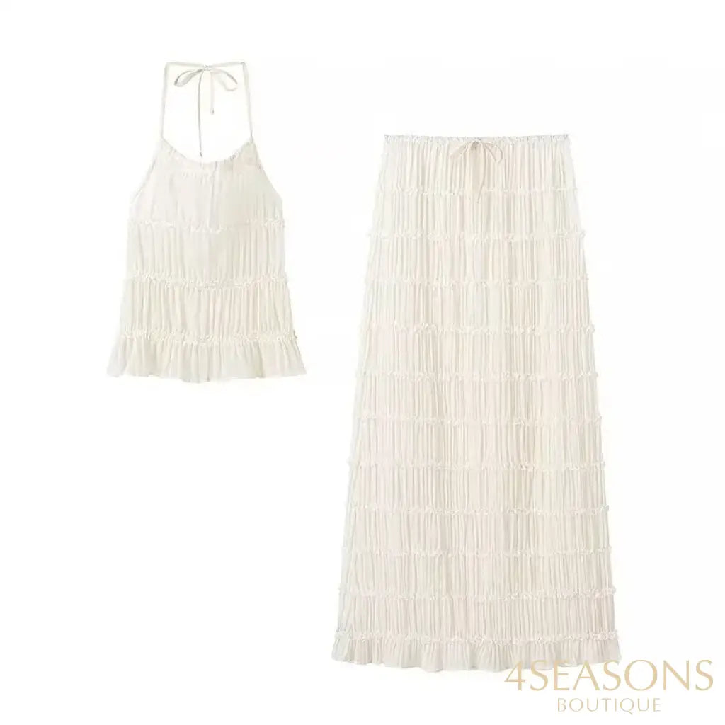 Halter Neck Long Skirt Women Sling Top Elegant Lace Up Fold Maxi Skirts Summer Pleated Sleeveless Backless Tops 2pcs