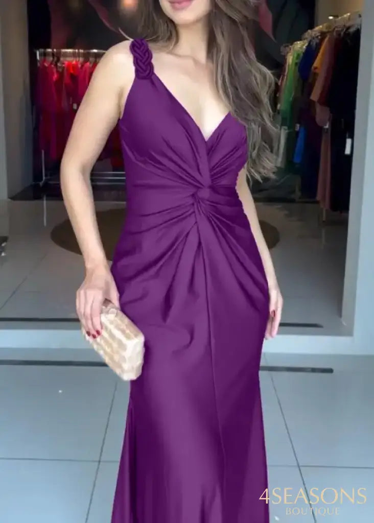 Womens Dresses 2025 New Satin Sleeveless Hollow Out Twist Front Evening Dress Tied Detail Backless Zipper Back Mermaid