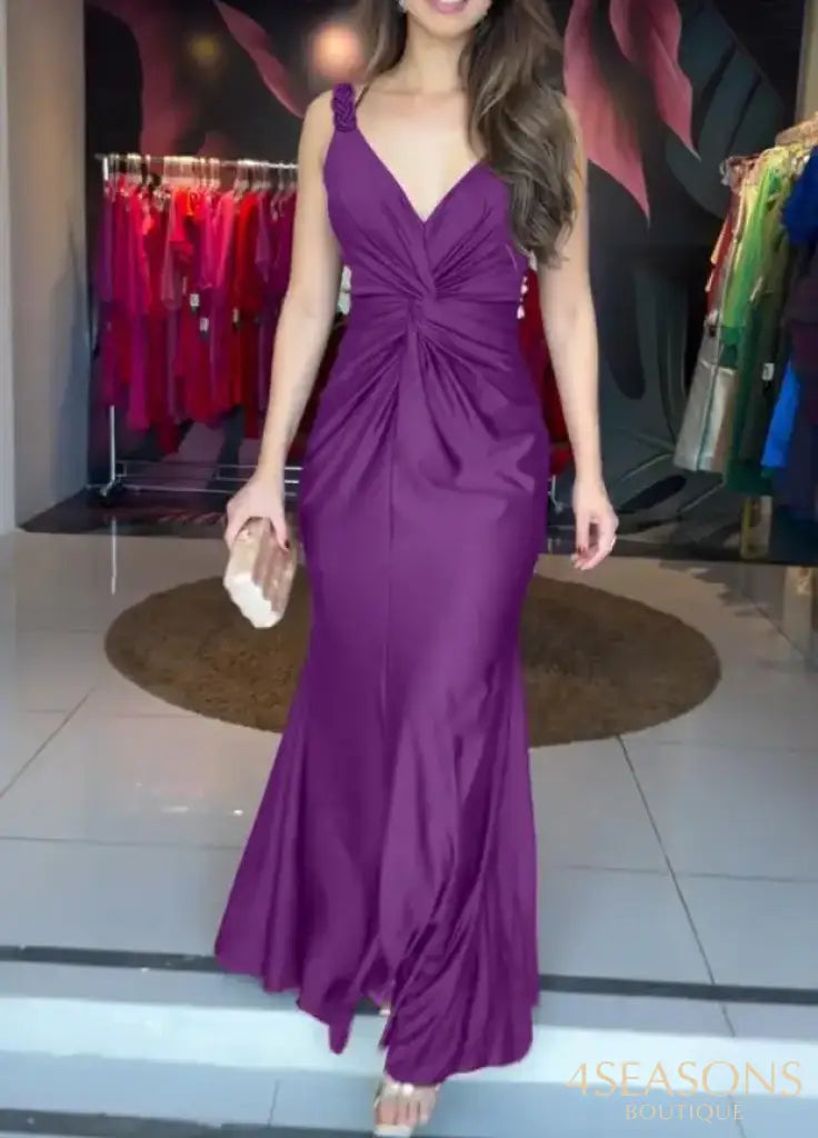 Womens Dresses 2025 New Satin Sleeveless Hollow Out Twist Front Evening Dress Tied Detail Backless Zipper Back Mermaid