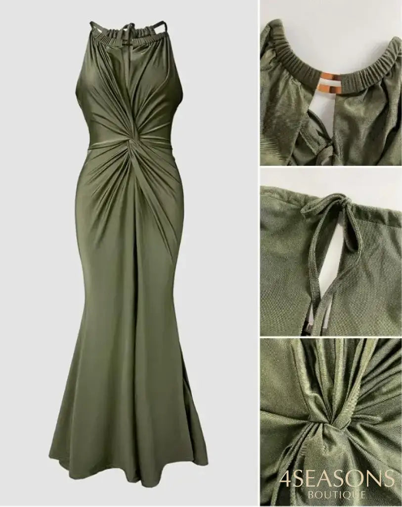 Womens Dresses 2025 New Satin Sleeveless Hollow Out Twist Front Evening Dress Tied Detail Backless Zipper Back Mermaid